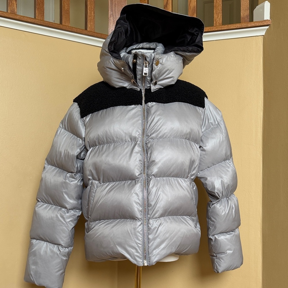 Nicole Benisti Silver Puffer Jacket with Black Accents